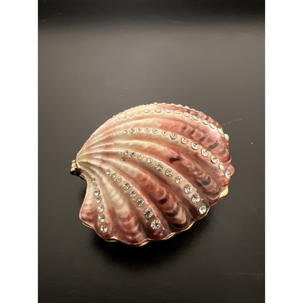 Enamel Clam Shell Hinged Trinket Box Clear Rhinestones Inlay 2x1"